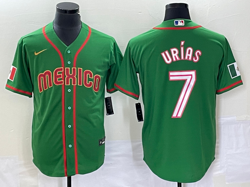 Men's Mexico Baseball #7 Julio Urías 2023 Green World Baseball With Patch Classic Stitched Jersey